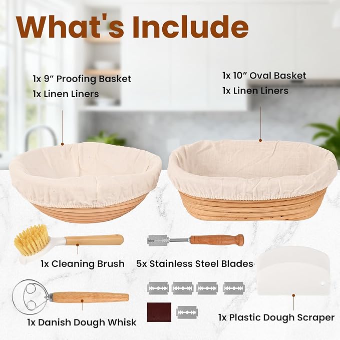 Nixta Bread Proofing Basket Set – 6-Piece Sourdough Bread Baking Kit with 9" Round & 10" Oval Banneton Baskets, Linen Liners, Danish Dough Whisk, Dough Scraper & 5 Stainless Steel Blades