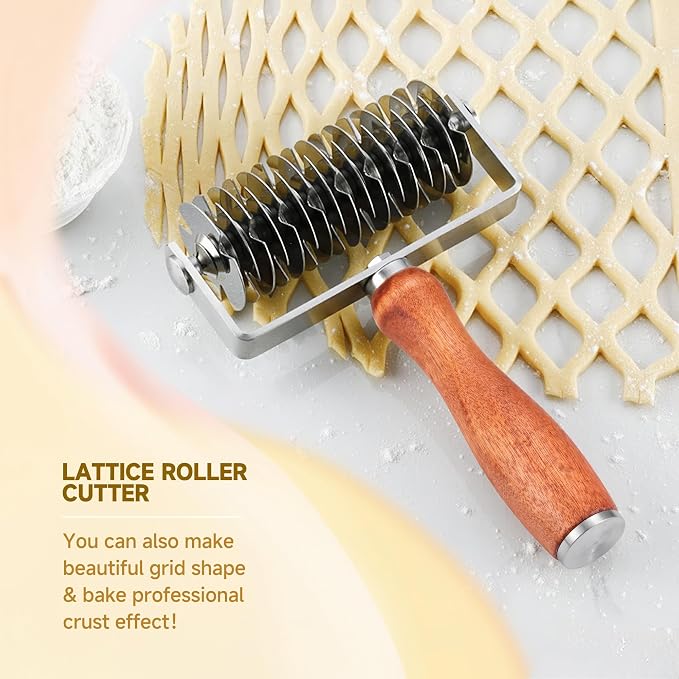 Pastry Lattice Roller Cutter, Stainless Steel Dough Cutter Wheel with Wood Handle, Time-Saver Baking Tools for Beef Wellington Pie Crust Pizza Bread, JKUS20408