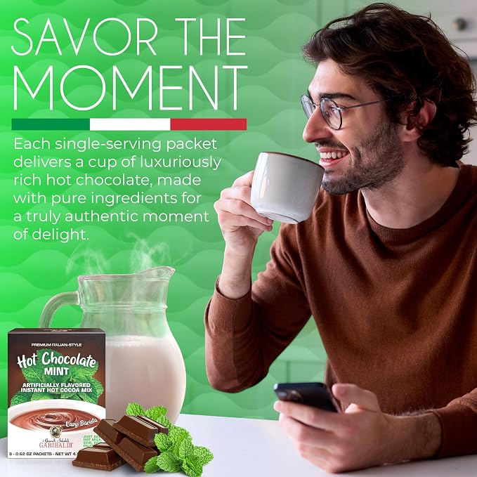 Cafe Garibaldi Premium Hot Chocolate Mint - Instant Cocoa Mix with Cocoa Powder, Gluten-Free & GMO-Free, 8 Servings x 0.62oz Packets, Ideal Italian Hot Chocolate Gift