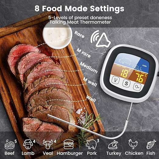 Leepenk 2025 New Upgrade Digital Talking Meat Thermometer with Clear Voice Broadcast for The Blind and Elderly, Probe Thermometer for Cooking with Large Touchscreen, Oven Safe for Kitchen and Grill