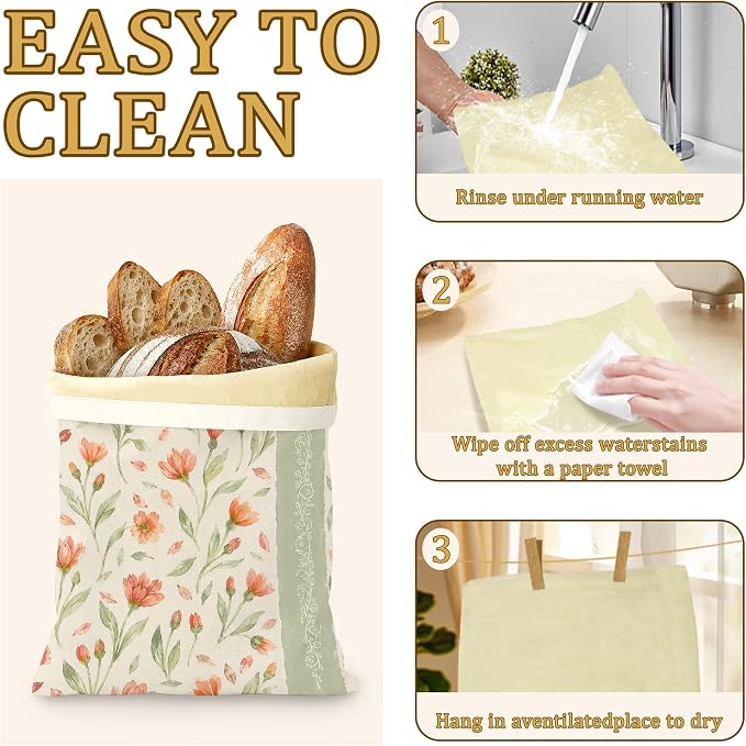 2 Pack Reusable Beeswax Peach Flower Bread Bags, Sourdough Bread Sage Leaf Storage for Homemade, Freezer Storage Bag to Keep Fresh, Baguette Bag with Beeswax Liner Kitchen Baking