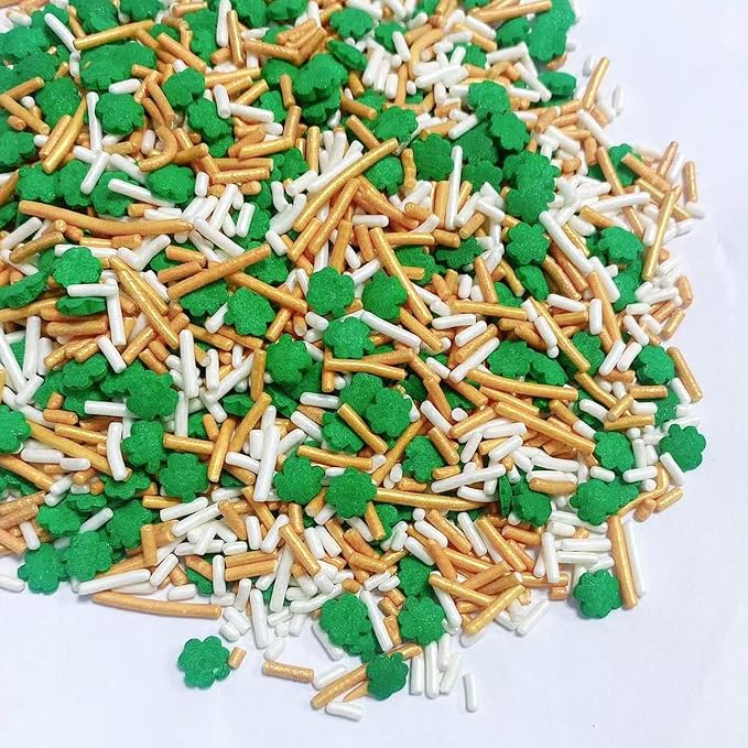 PhilaeEC St Patricks Sprinkles Edible for Cake Decoration Green Shamrock Gold White Jimmies Mix Sprinkles Cake Baking Cookie Cupcake Toppers Decoration Supplies