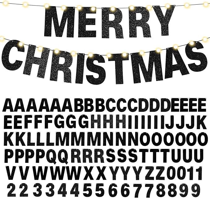 TaoBary 112 Pcs DIY Letter Kit Glitter Customizable Banner Letters Include 107 Letters and Numbers 3 Rope and 2 Needles for Birthday Halloween Christmas Wedding Valentine Party Decor(Black)