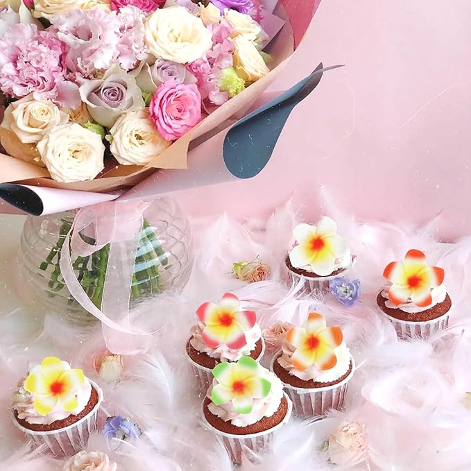 40Pcs Edible Frangipani Cupcake Toppers Edible Summer Hawaii Flowers Cupcake Picks for Hawaiian Floral Bridal Shower Engagement Wedding Cake Decors Hawaii Girls Birthday Party Decorations