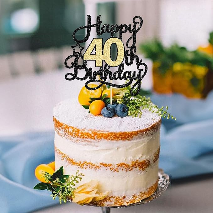 1Pc 40th Happy Birthday Cake Topper Glitter Cheers to 40 Years Birthday Cake Pick Decoration for 40th Wedding Party Decoration Supplies Black Gold
