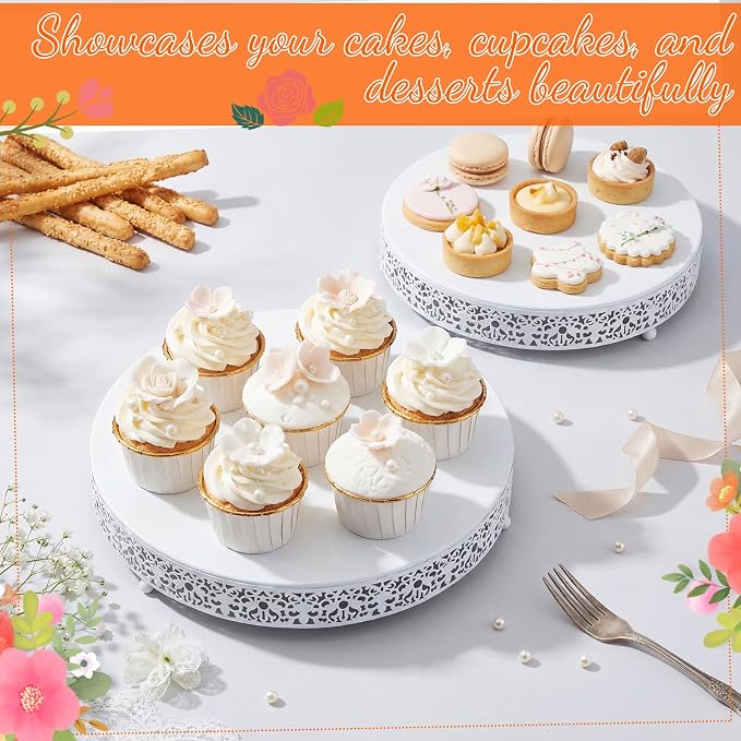 Wenqik 2 Pack Cake Stand Set, 14/16 Inch Metal Round Cupcake Dessert Stand Decorative Elegant Cake Display for Weddings Party Birthday Baby Showers Anniversary(Floral Lace,White)