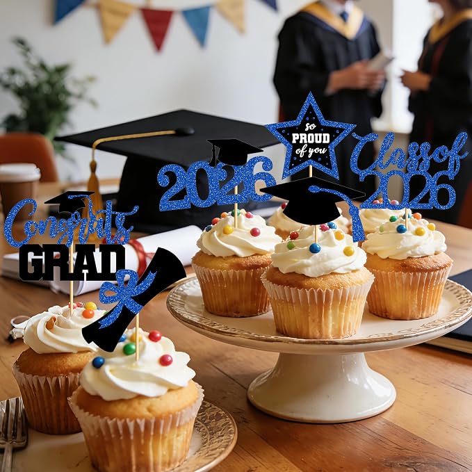 48 PCS Grad Cupcake Toppers, 6 Styles Graduation Cake Topper, Congrats Graduation Decorations 2026, Glittery Black and Blue Cap and Diploma Cake Picks for Grad Decor Party Supplies