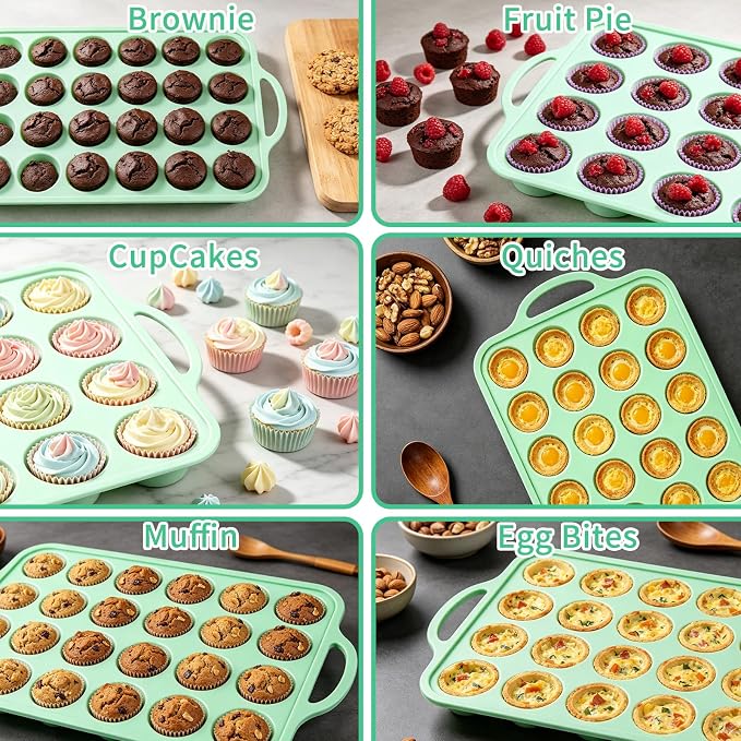 2 Pack Silicone Mini Muffin Pan, 48 Cups Mini Cupcake Pans with Metal Reinforced Frame and Handle, Silicone Baking Molds for Egg Bites Pie Mini Cheesecake Jello Pudding Brownie Wedding Cupcake