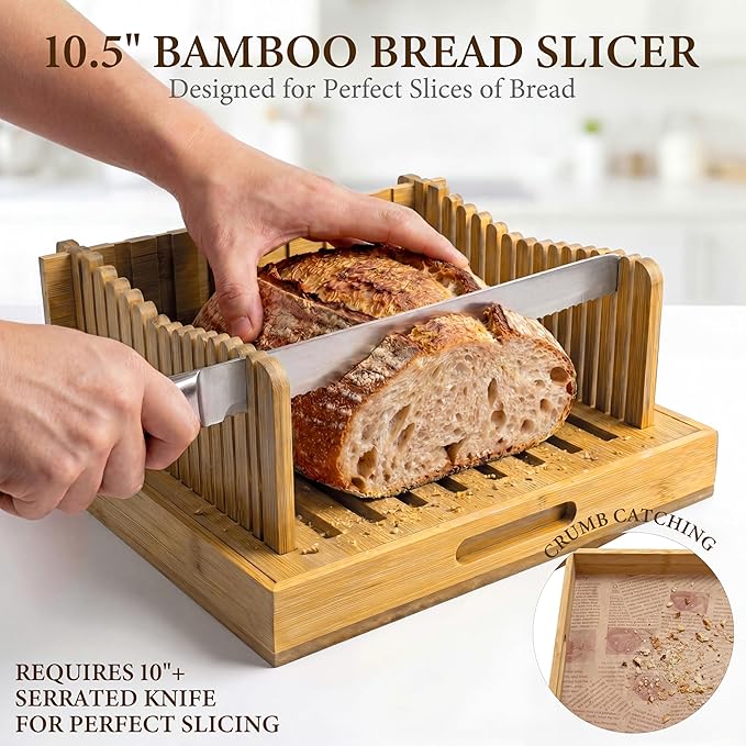 Bamboo 10.5" Bread Slicer for Homemade Bread, Adjustable Bread Cutter Board, Slicing Guide & Serving Board, 2in1 Kitchen Gadget for Sourdough, Artisan Loaves, Boules, Bagels & Cakes (20 Basket Liners)