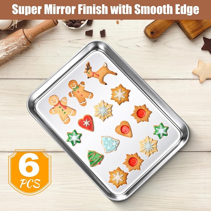 Potchen 6 Pcs Baking Sheet Pan Set Stainless Steel Cookie Sheet Small Toaster Oven Pans Tray Barbecue Grill Pan Rectangle Trays Oven Freezer Bakery, Non-stick, Easy Clean, 9 x 6.7 x 1 Inches