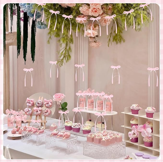 30 Pack Bow Cake Toppers Pink Ribbon Bows for Cake Coquette Themed Bow Cupcake Toppers Pink Bow Birthday Decorations for Baby Shower, Bridal, Engagement, Wedding, Bachelorette Party Decoration