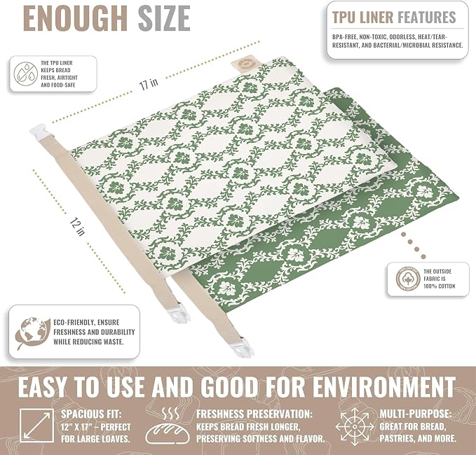 Cozy Bread® Reusable Bread Bag Set for Home Bakers | USA Brand | Charming Bread Designs (Green Ornamental)