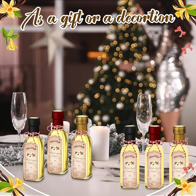 Tioncy 12 Pcs Vanilla Extract Bottles for Homemade Vanilla Jar Glass Square Bottle with Cap Shrink Band Sticker Syrup Food Storage Canister for Liquids Bean Sauce Spice Gift Giving(Mixing,5 oz)