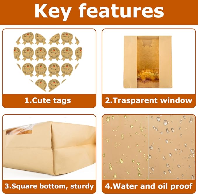 50 Pcs Bread Bags for Homemade Bread With Window Sourdough Paper bread Bags.(13.7x8.2x3.7 in),Packaging & Storage of Baked Goods Suitable for Bakers.Package includes 60 Cute Sealing Stickers.