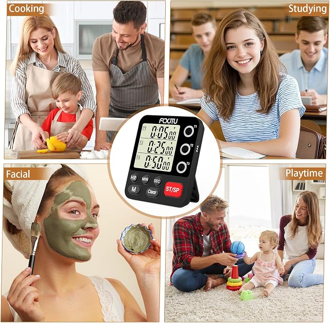 Digital Dual Triple Kitchen Timer, 3-Channel Magnetic Countdown Timer for Cooking, Large Display Stopwatch Multi Food Classroom Timer Loud Alarm for Seniors Teachers Battery Included (Black)
