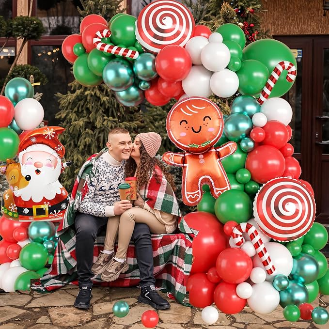 Christmas Balloon Garland Arch Kit, Christmas Balloon Arch with Metallic Green Red White Latex Balloons Snowflake Santa Foil Balloons Candy Cane for Xmas New Year Party Decoration