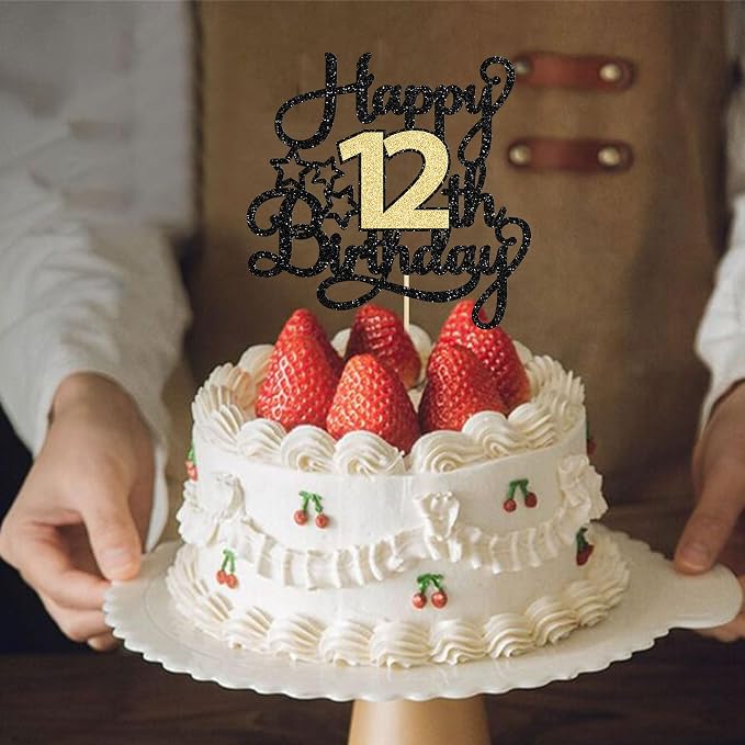 1Pc 12th Happy Birthday Cake Topper Glitter Cheers to 12 Years Cake Pick Happy Birthday Cake Decoration for 12th Anniversary Party Decoration Supplies Black Gold