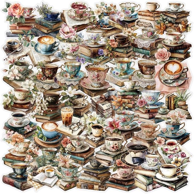 Vintage Coffee Books Flowers Aesthetic Transparent Stickers for Cup, 50PCS Retro Cafe Book Flora Art Waterproof Stickers for Water Bottle,Laptop,Journal,Scrapbook, Coffee Bar Decals