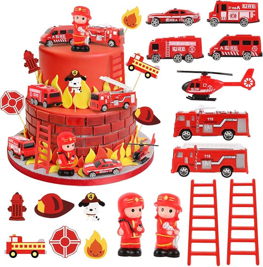 17PCS Fire Truck Cake Toppers Fire Truck Birthday Decorations Firetruck Cake Decorations for Kids Adult Birthday Party Supplies Fireman Firetruck Party Cake Decorations