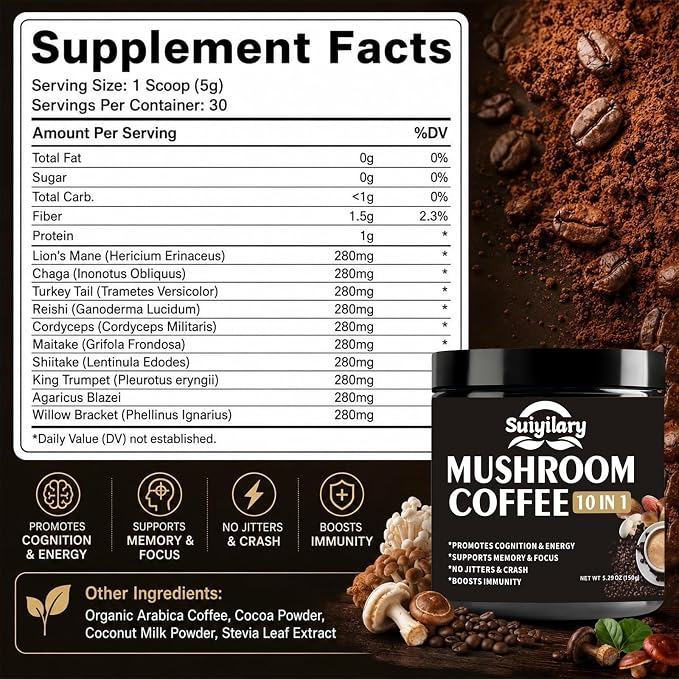 Suiyilary Mushroom Coffee, 10 Mushroom Extract Powder Blend Lion's Mane, Reishi, Chaga, Cordyceps, Turkey Tail, Brain Supplements with Instant Coffee for Energy, Focus, Memory and Immunity 150g