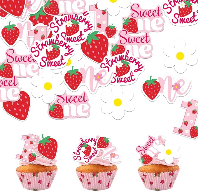 42Pcs Edible Strawberry Sweet One Cupcake Toppers Wafer Paper Birthday Strawberry Cupcake Picks for Baby Shower Kids Birthday Party Cake Decorations Supplies
