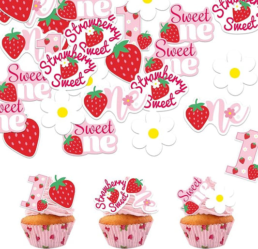 42Pcs Edible Strawberry Sweet One Cupcake Toppers Wafer Paper Birthday Strawberry Cupcake Picks for Baby Shower Kids Birthday Party Cake Decorations Supplies