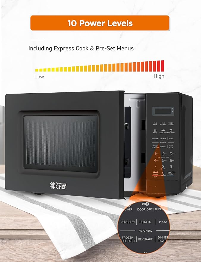 Commercial Chef 0.7 Cu. Ft. Countertop Microwave Oven, Touch Controls with Digital LED Display, 700W Small Microwave with 10” Turntable Plate, Push Button Door, 10 Power Levels, CHM7MB, Black