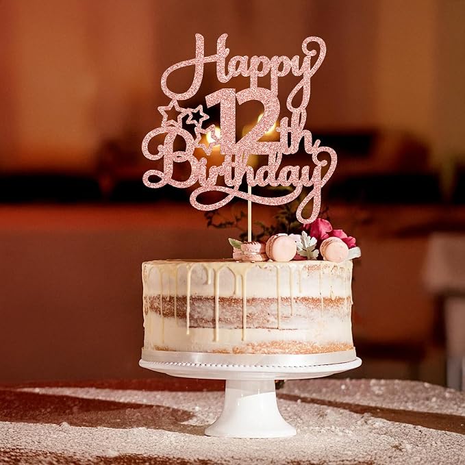 1 Pack Happy 12th Birthday Cake Topper Glitter Heart Star 12 Fabulous Cake Pick Birthday Sign Cake Decorations for Children 12th Birthday Theme Party Supplies Rose Gold