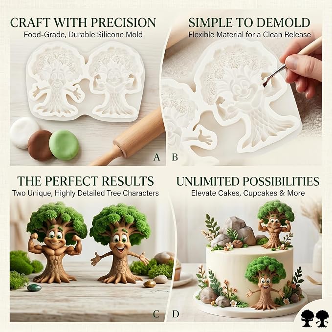 1Pc Cartoon Strong Tree Silicone Mold 2-Cavity Enchanted Forest Plant Cake Decorating Fondant Mold for Flexible Gum Paste Pastry Baking Tool Woodland Party Cupcake Toppers Chocolate