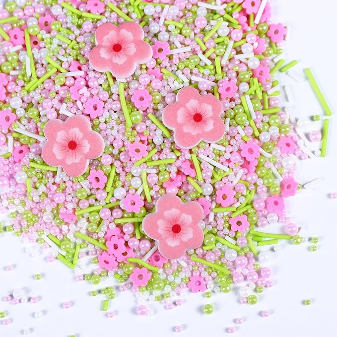 Edible Flowers Cake Decorations, 4 Pink Sugar Flowers, White Green Pink Pearls, Jimmies for Cake Decorating, Cupcake Toppers, Cookies Dessert(3.5oz/100g)