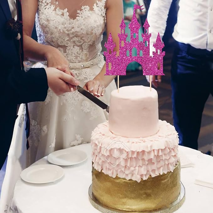 1 PCS Castle Cake Topper Glitter Princess Cake Topper Castle Theme Birthday Party Decoration Princess Happy Birthday Cake Decoration for Baby Shower Girls Princess Birthday Party Supplies Rose Red
