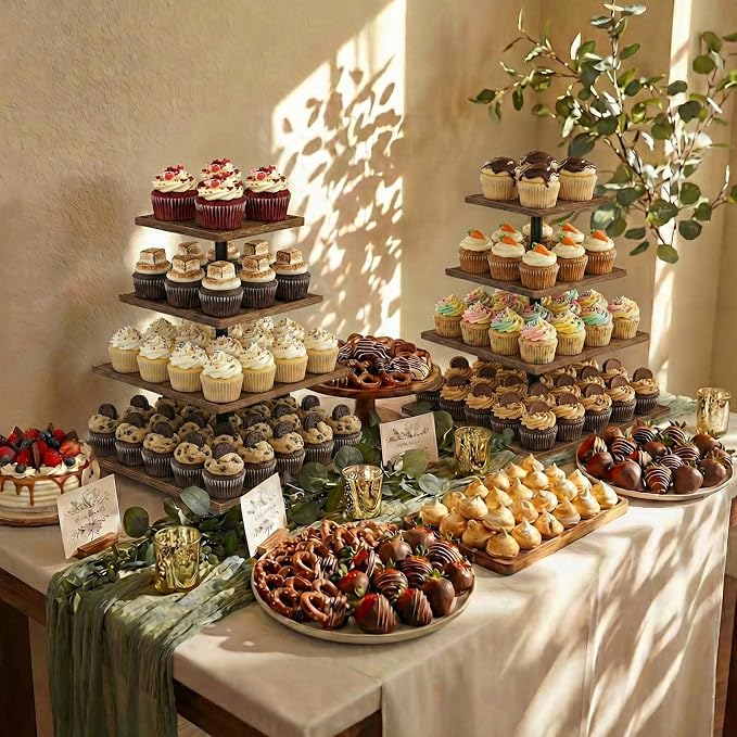 Wooden 2 Pack 4 Tier Cupcake Stand for 50 Cupcakes,Cupcake Holder,Cupcake Tower,Tiered Tray Stand for Birthday Bar Décor Weddings,Parties Events, Dark Brown