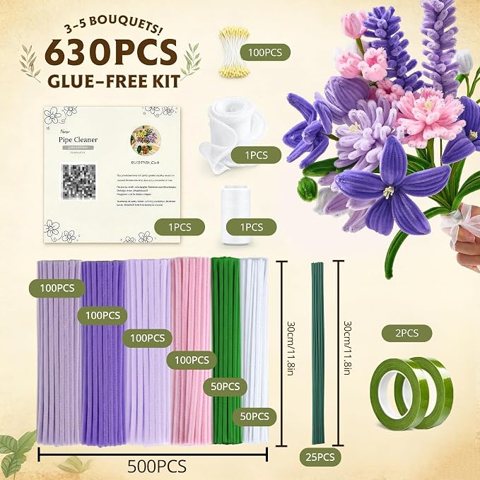 LENYNAL 500 Pcs Pastel Pipe Cleaners Bulk Craft, Purple Pipe Cleaner Flower Kit, Glue-Free & Safe for Kids, Step-by-Step Tutorial, 6 Colors Chenille Stems for Flower Making