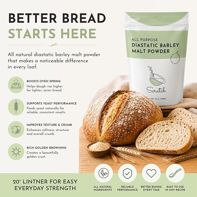 Scratch Diastatic Malt Powder for Baking - (10oz) Dried Barley Malt for Baking Bread - Bread Improver - Premium Baking Ingredients for Breads, Pizzas, Pretzels, Desserts, Shakes and More