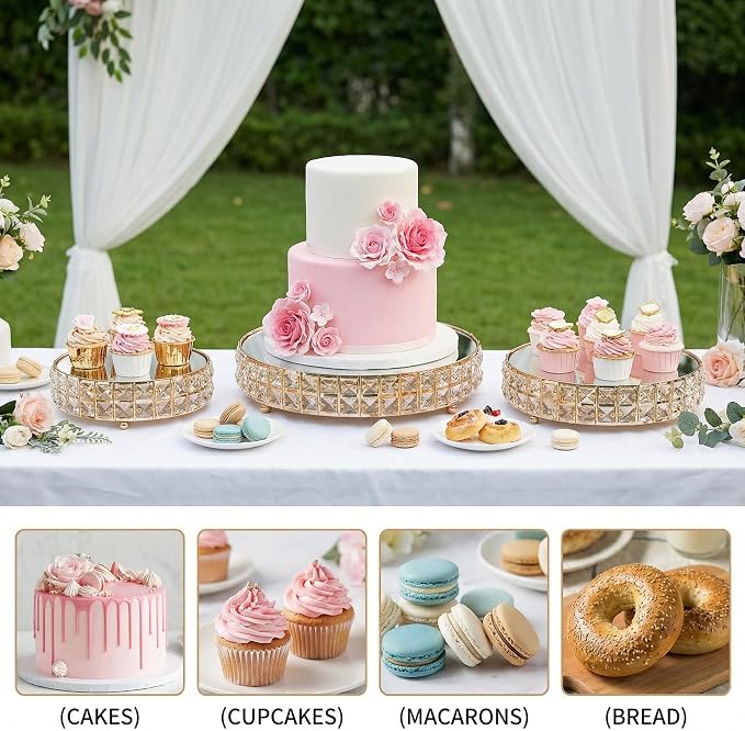 Goaste 3 Pack Crystal Cake Display Stand with Mirror, 14" 12" 10" Metal Pedestal Gold Round Cake Plate Stand, Dessert Cookies Fruit Serving Tray with Shining Crystal Beads for Wedding, Birthday Party