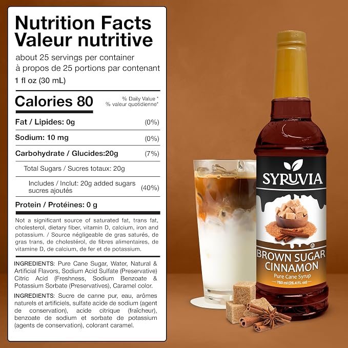 Syruvia Coffee Syrup, Brown Sugar Cinnamon Flavored Syrup for Drinks, Lattes, and Desserts – 25.4 fl oz - with Pump