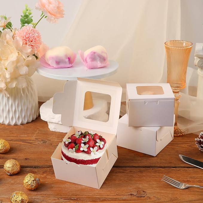 50pcs White Cake Boxes with Window,5x5x2.5 Inches Small Bakery,Treat,Pastry,Cookie,Dessert Boxes,Macaroon,Donut,Candy,Christmas Gift Giving