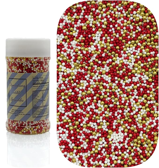 Dynastang 2mm Red & White & Super Gold Pearls Sprinkles Edible Pearls Cake Decorating Stars Cake Decorations Cupcake Toppers Cookie Decorating Perfect for Cakes, Cupcakes, Desserts Toppings 3OZ