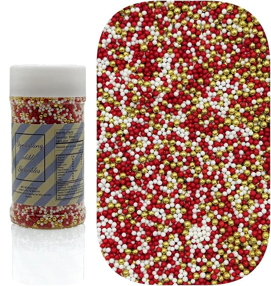 Dynastang 2mm Red & White & Super Gold Pearls Sprinkles Edible Pearls Cake Decorating Stars Cake Decorations Cupcake Toppers Cookie Decorating Perfect for Cakes, Cupcakes, Desserts Toppings 3OZ