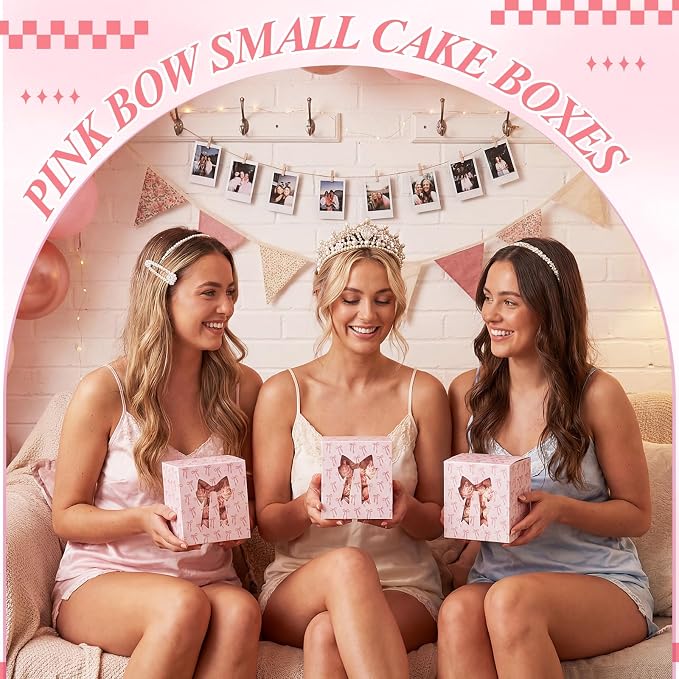 50 Pack Pink White Bow Cookie Boxes with Window 5x5x3 Inch Small Bakery Treat Boxes for Pastry Donuts Macaroon Cupcakes Tea Party Birthday Wedding Bridal Shower Favors