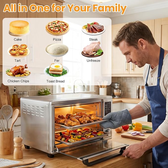 NEWBULIG 30QT Air Fryer Toaster Oven, 13-in-1 Multi-Function Smart Airfryer, Large Countertop Air Fryer Oven, 0-450°F Heating Control, 120 Min Timer, Chrome Fry Basket, Interior Light
