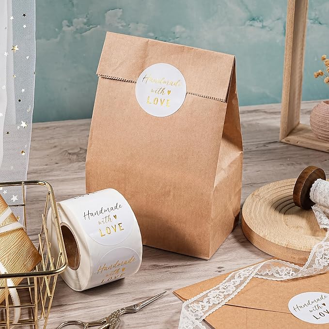 WRAPAHOLIC 2 Inch 500 Total Business Stickers Roll - Gold Foil Handmade with Love Design, Thank You Lables, Shipping Stickers for Party Decorations