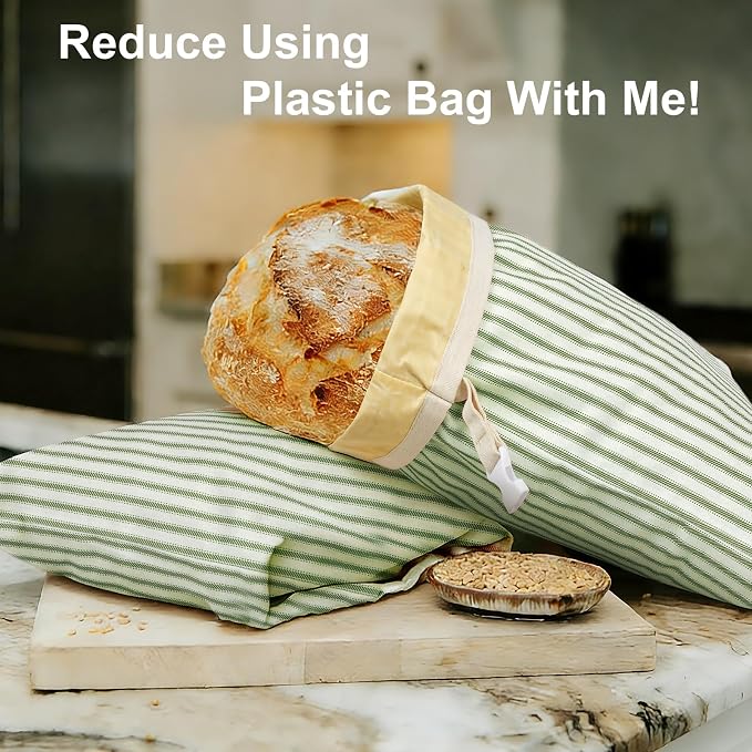 Stripe Reusable Beeswax Bread Bags for Homemade Bread & Sourdough, 2-Pack XL Airtight Food Storage Bags, Organic Cotton Linen Covers - Freezer-Friendly Freshness Preservation Keeps Fresh Longer