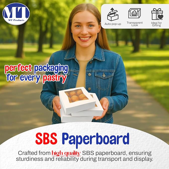 MT Products White Cookie Boxes - Size of 8" X 8" X 2.5" - (200 Pieces) Auto Pop-Up Bakery Boxes with Window - Made in the USA