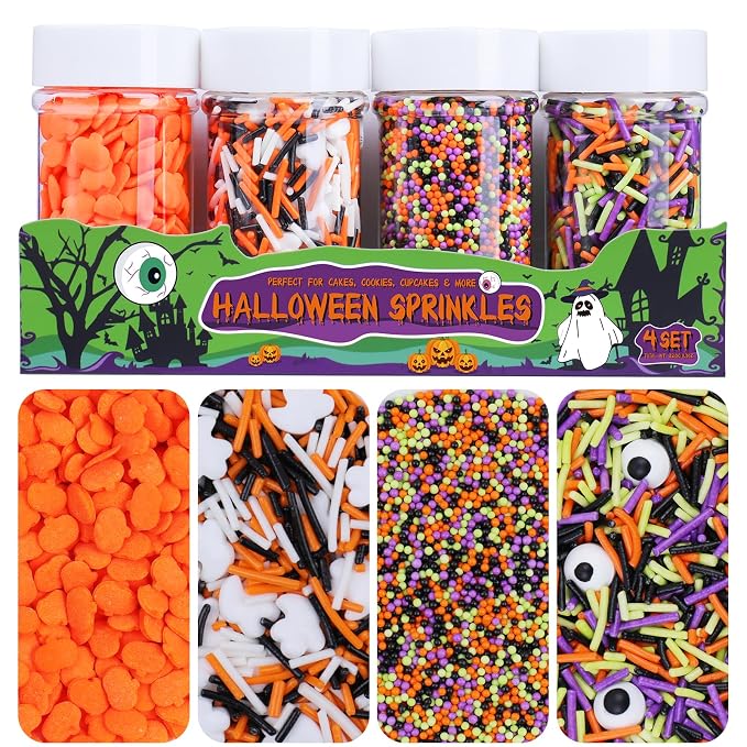 Halloween Sprinkles - Sprinkles for Cake Decorating, Candy Eyeballs, 4 Pack Edible Sprinkle Mix, Perfect for Baking, Cookies, Cupcake Topper, 320g/11.3oz
