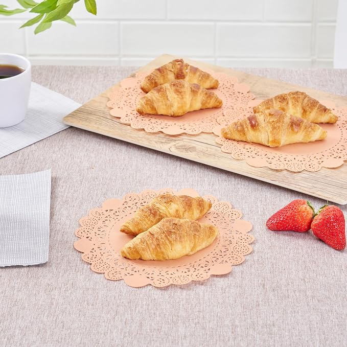 Pastry Tek 8 x 8 Inch Paper Lace Doilies, 100 Disposable Table Doilies - Elegant Lace Finish, Long Lasting, Coral Paper Doily, for Pastries, Cupcakes, Desserts - Restaurantware