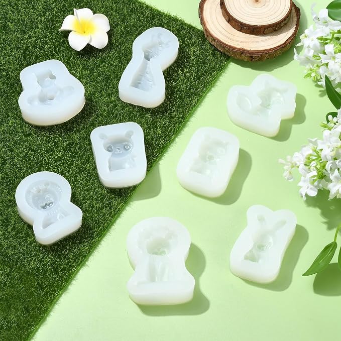 Ipotkitt White Animal Theme Silicone Molds Lion Rabbit Panda Pig Elephant Shape Molds for Chocolate Jelly Ice Candy Cake Crafts, 8pcs 8 Styles
