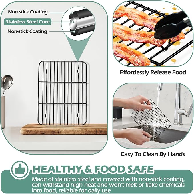 TeamFar Small Cooling Rack (Set of 2), 8.75’’ x 6.25’’ Coated Stainless Steel Wire Rack Baking Racks for Cooking Grilling Cooling, with Non-stick Coating, Healthy & Sturdy, Oven safe & Easy Clean