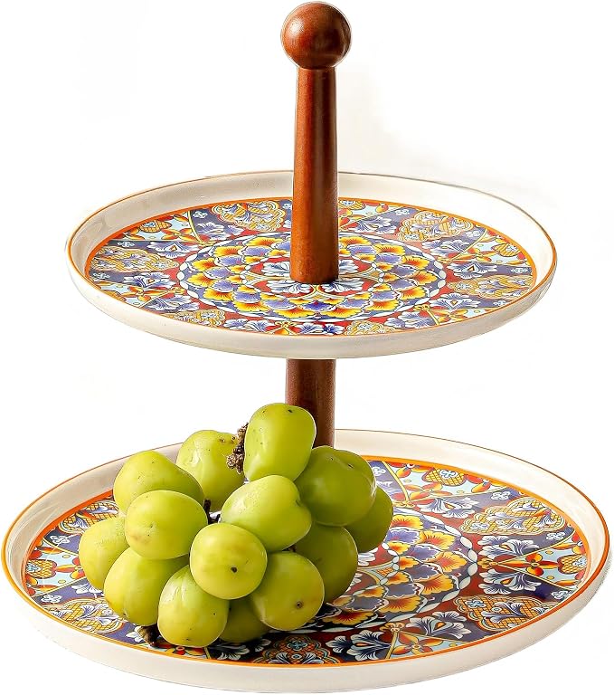2 Tiered Cupcake Dessert Stand Ceramic, Tiered Serving Cake Stand Bohemian Plates Tray Food Grade Dessert Display Stand, Beautiful Gift for Tea Party, Weddings Parties & Home Décor (Orange)