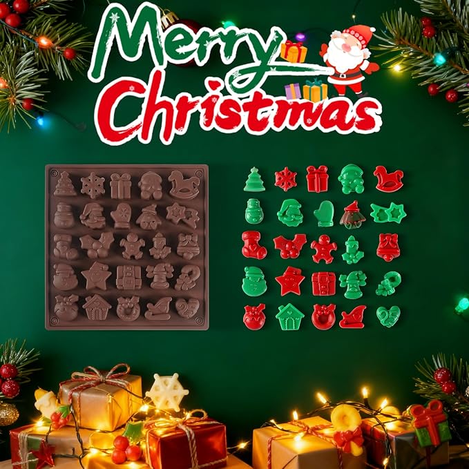 Christmas Chocolate Silicone Molds，2pcs Christmas Candy Molds 25-Design Ornament for Christmas Tree Gingerbread Man Santa Claus Gummy Cake Topper